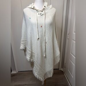 Max Edition Cream Knit Poncho with Fringe